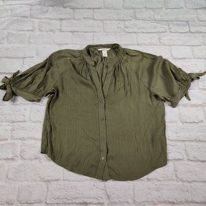 H&M womens short tie sleeve button front blouse shirt sage green striped sz 2